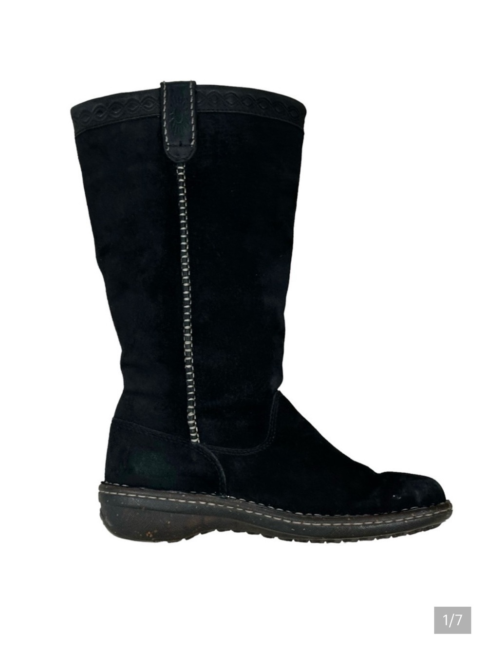 UGG Swell Mid-Calf Winter Boots in Black Suede Tooled Leather Cuff Detail Size 6